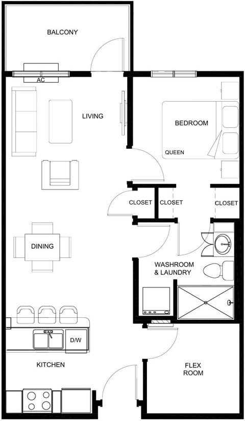 Floor plan for 1 bed, 1 bath, 687 sqft